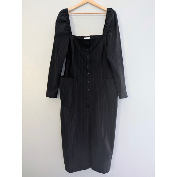 NWT GANNI Pinstriped Twill Midi Dress Midnight Blue Red Pinstripes IT 52 US 22 - Picture 5 of 12